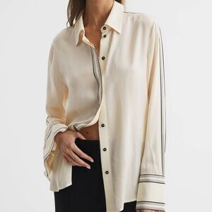 Reiss- Ivory Silk Black Stripe Longsleeve Buttondown Blouse
